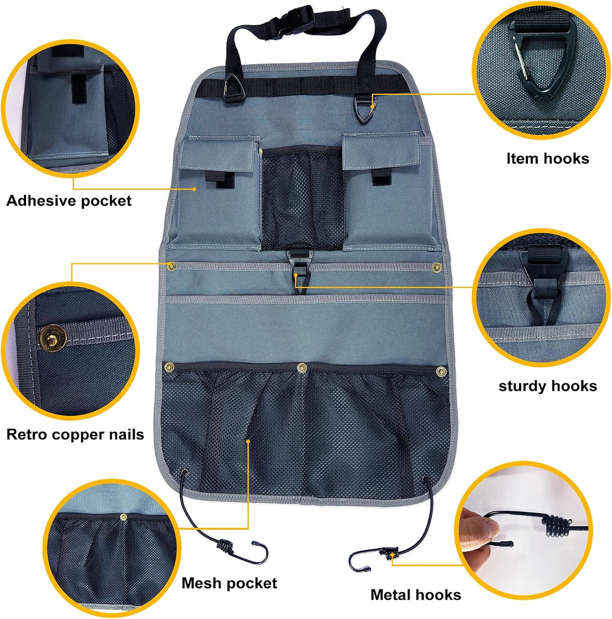 Car Seat Back Organizer with Multiple Storage Pockets, Black Mesh and Fabric, Universal Fit (grey)