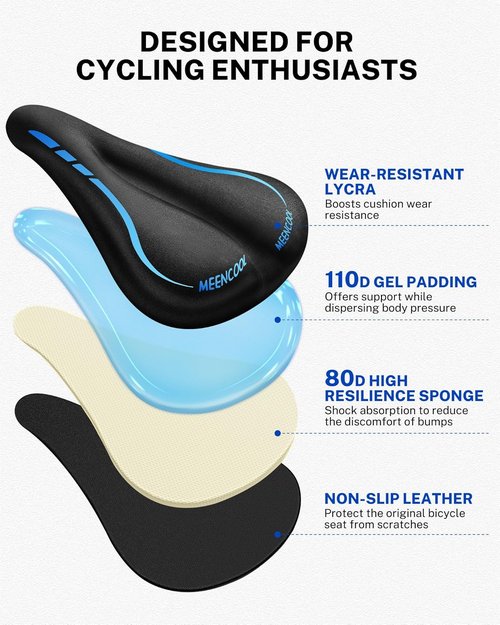 MEENCOOL Bike Seat Cushion - Gel Padded Cover for Ultimate Comfort | Adjustable Velcro Fit (11"x7")