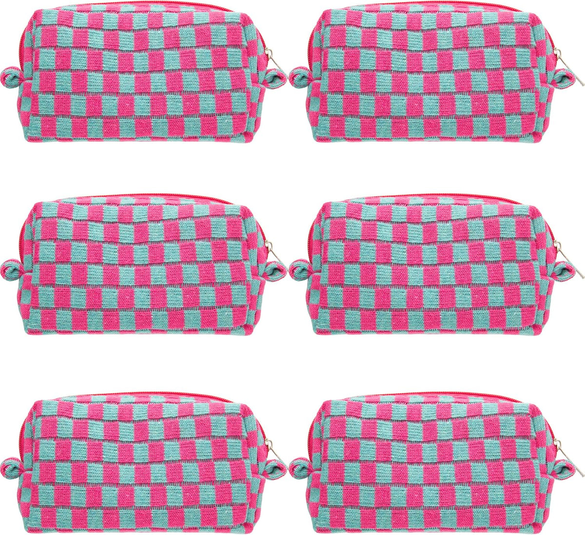 Checkered Makeup Bag for Purse, Small Cosmetic Pouch,Magenta Green,6 Pack