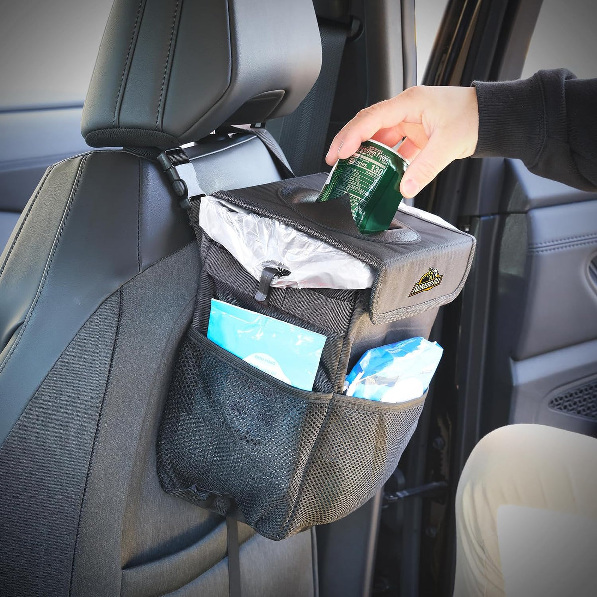 Armor All Car Trash Can & Organizer, 2.63 Gallon Waterproof Covered Garbage Bin, 3 Mesh Pockets, Collapsible for Easy Storage, Adjustable Strap & Hook for Backseat Hanging, 9.5” L x 6.25” D x 10.25” H