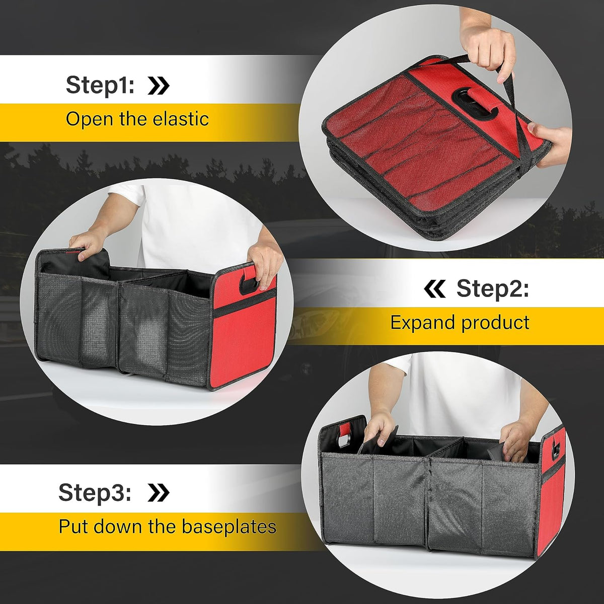 YSSOA 2 Compartments Car Trunk Organizer, 600D Oxford Polyester Car Storage, Anti-slip 14" D x 22" W x 12" H Collapsible Trunk Storage, Suitable for SUV, Minivan, Truck, Red New
