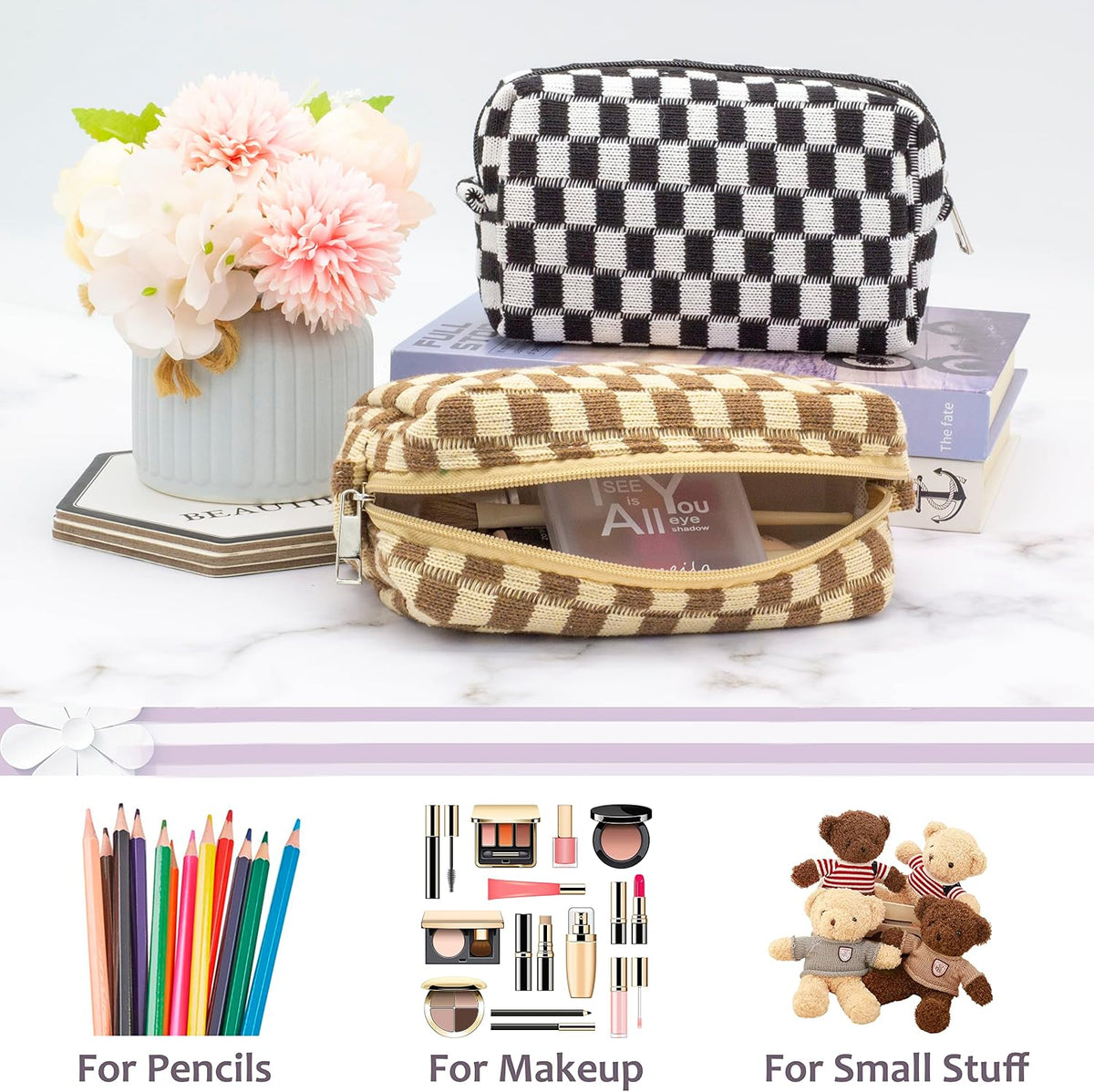 Checkered Makeup Bag for Purse, Small Cosmetic Pouch,Mix Color,6 Pack