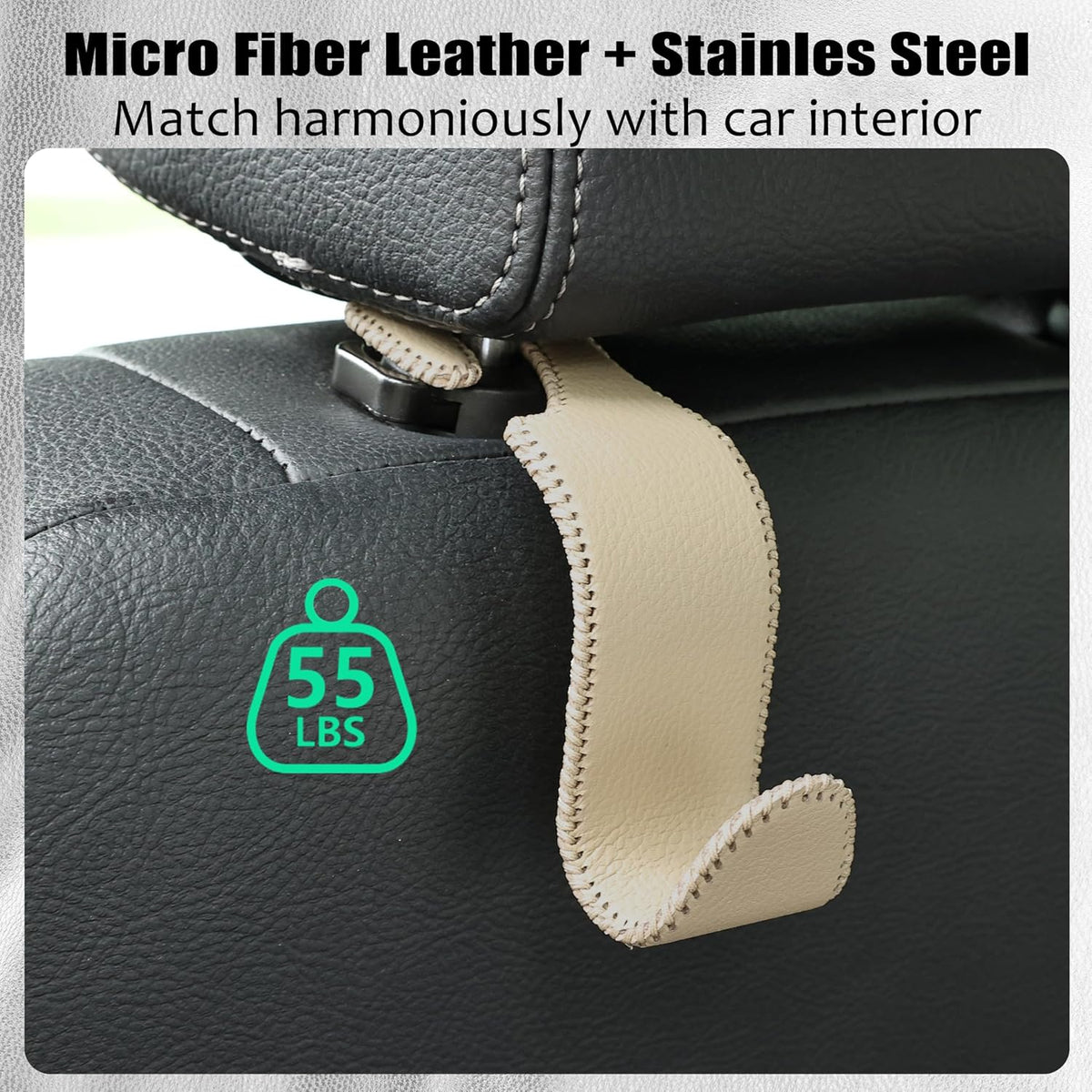 Car Seat Headrest Hook 55lb Heavy Duty Metal Hanger with Leather for Bags