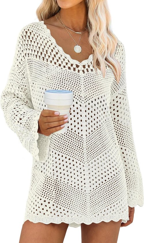 ANRABESS Swimsuit Cover-Up for Women - Crochet V-Neck Mesh Knit Dress | Summer Beach Vacation Wear