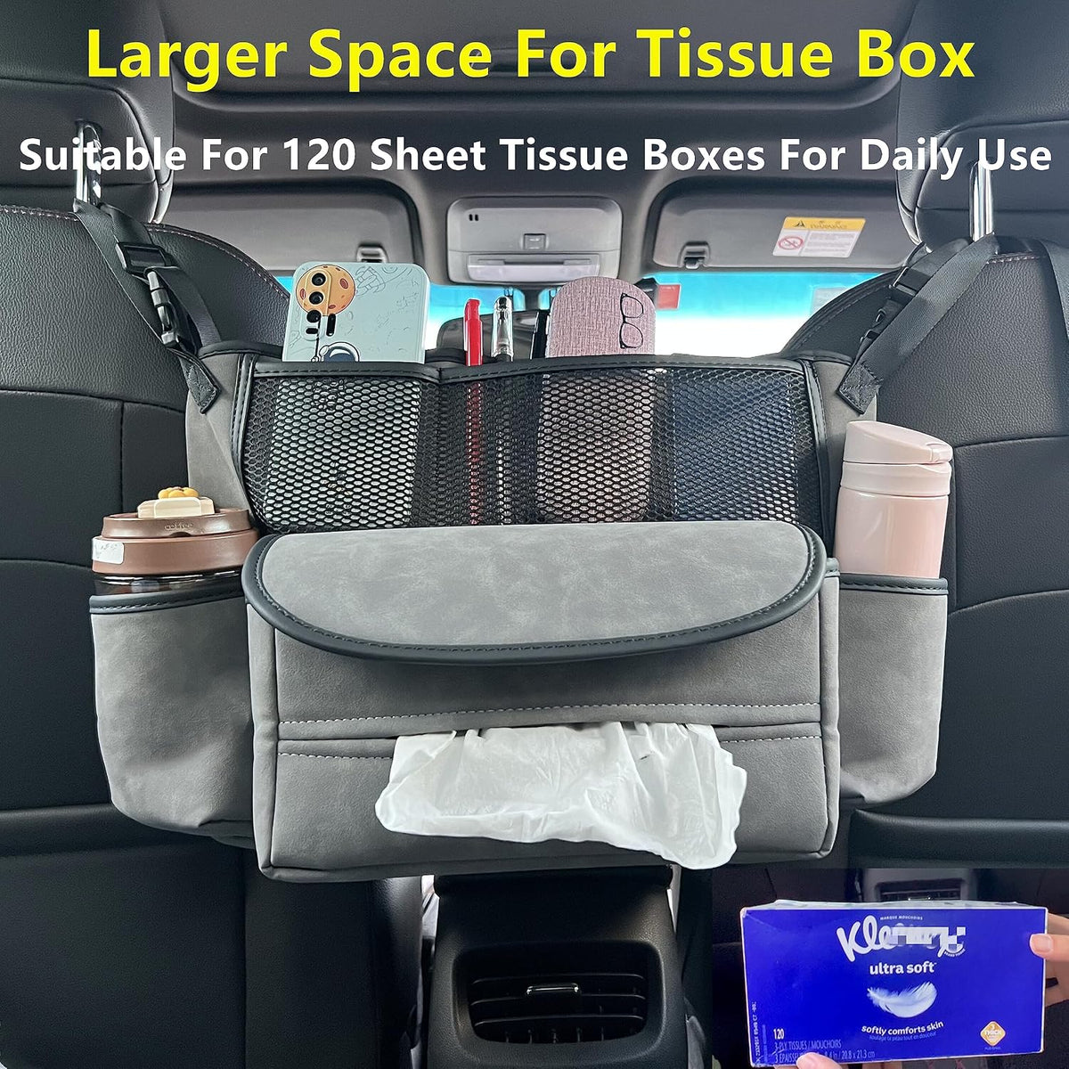 JEYODA Car Suede Seat Organizer High-capacity Seat Back Pouch Central Storage for Pickup SUVs Double-sided Tissue Storage Handbag Holder Car Accessories (Grey)