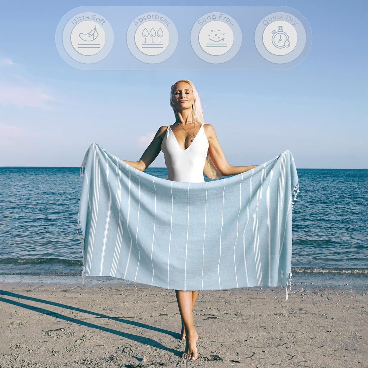 Ossano Turkish Beach Towel - Quick Dry & Absorbent Oversized (39" x 71") | Versatile Travel Blanket & Bath Mat in Baby Blue