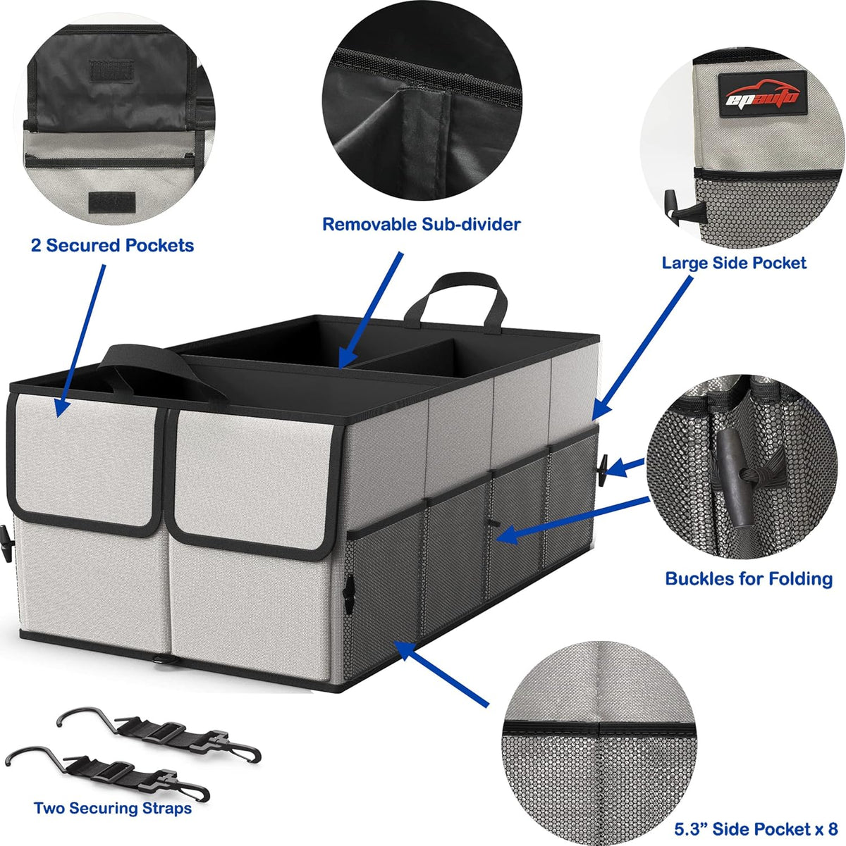 EPAuto Foldable Car Trunk Organizer for SUV, 3-Compartment, Gray | with Removable Divider, Side Pockets and Securing Straps