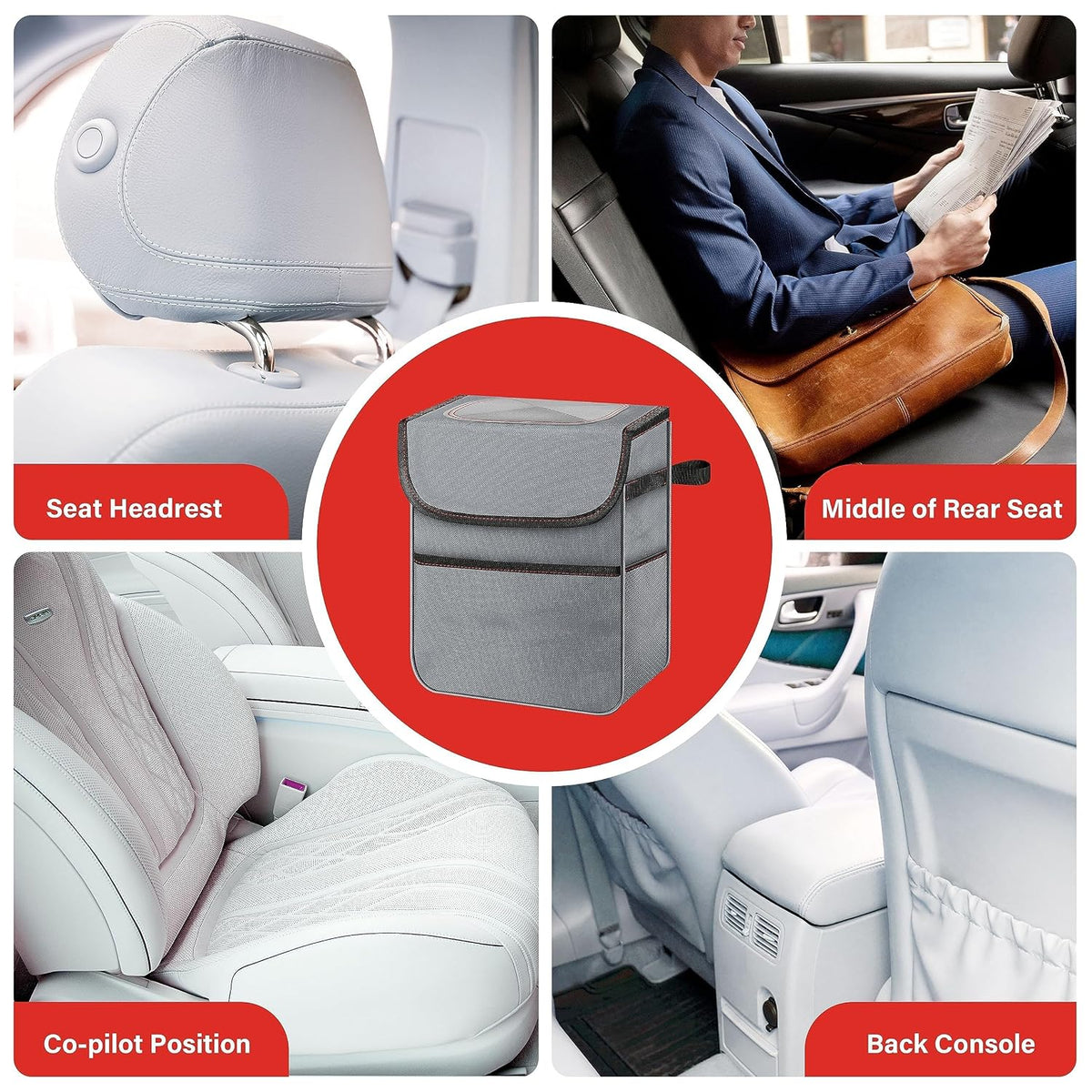 Simple Deluxe 2 Gallon Car Trash Can, Collapsible Adjustable Straps and Portable Organizer, Multipurpose Bin with Lid and Storage Pockets, Grey