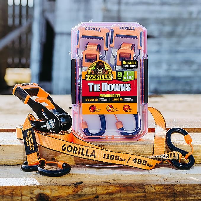 Gorilla 93001 2 Pack 1" x 16' Ratchet Strap with Orange Gorilla-Grip Handle