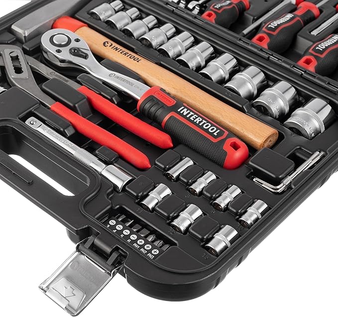 INTERTOOL Metric Tool Set, 56-Piece, 1/4” & 1/2” Drive Sockets, Wrenches, Screwdrivers, Bits, Pliers, Hammer, Car, Home, Repair, Mechanic Kit, DIY, Gift ET08-8056