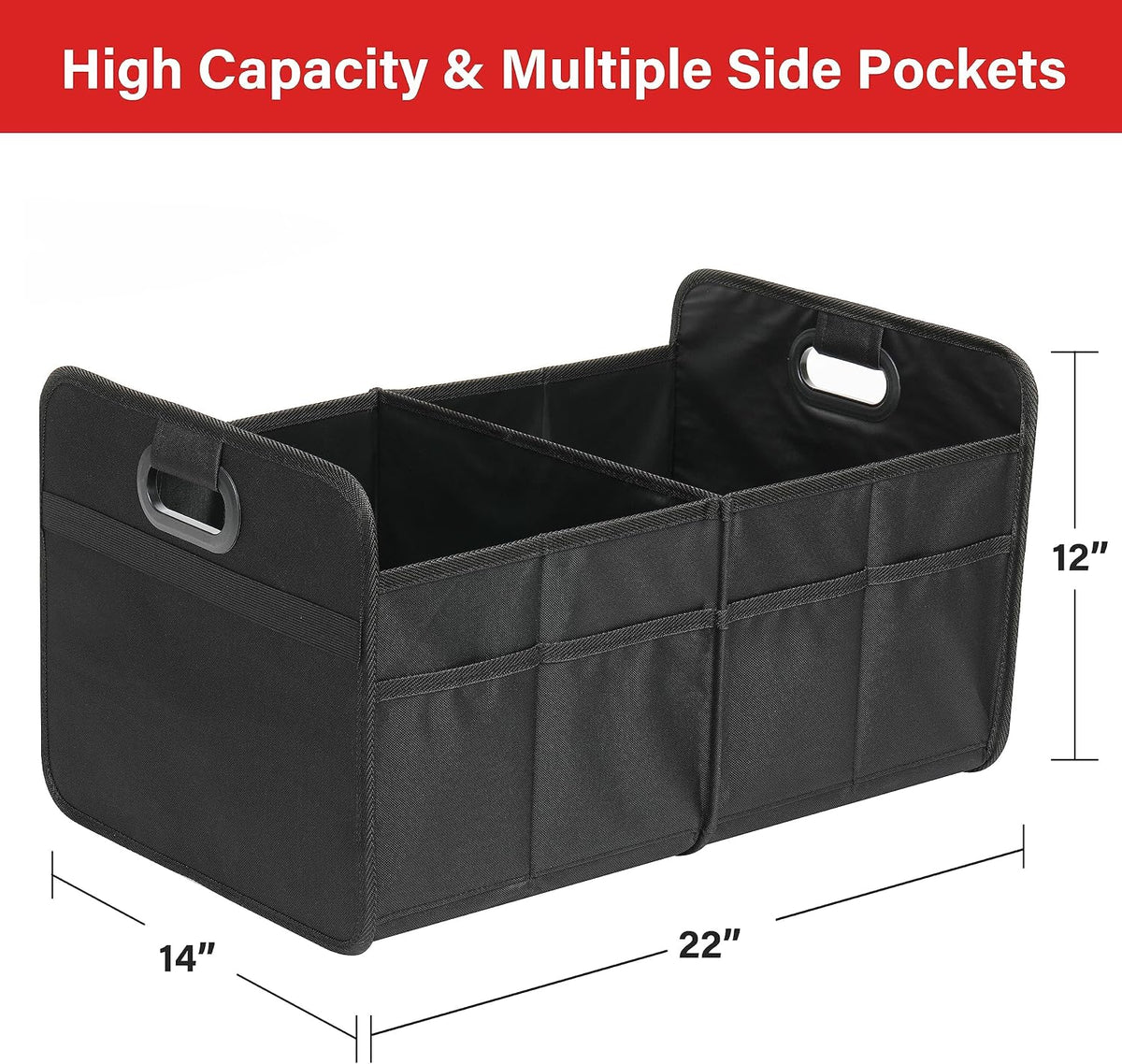 YSSOA Car Trunk Organizer, 2 Compartments Anti-slip 14" D x 22" W x 12" H Collapsible Trunk Storage, 600D Oxford Polyester Car Storage, Suitable for SUV, Minivan, Truck, Black