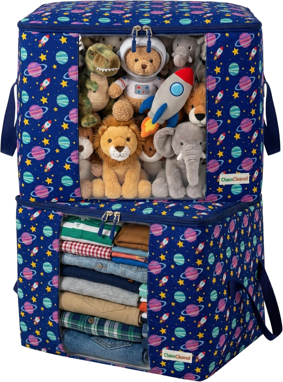 Chaos Cleared Kids Storage Bags – 100% Cotton Canvas Toy & Clothes Organizer with Cute Design – Storage Bin for Stuffed Animals, Baby Items & Clothes with Zipper & Handles (Blue Duck Print)
