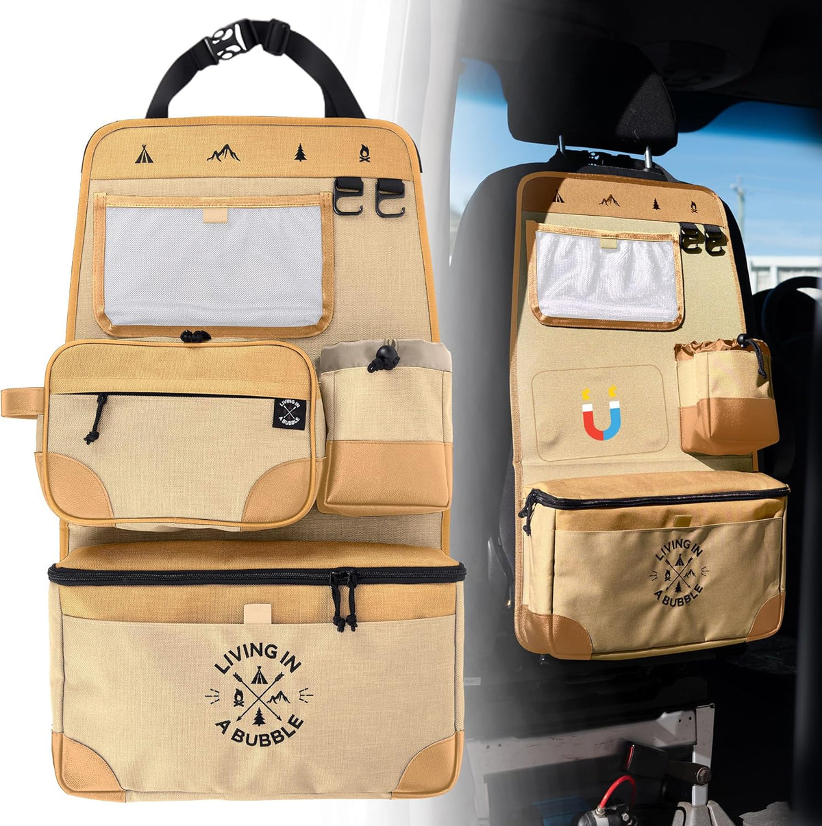 Living in a Bubble Seat back Organizer – Magnetic Toiletry and Cooler Pouch, Cordura Car Backseat Storage with Device Holder & Hooks, Multi-Compartment Utility Bag for Campervans & Family Travel