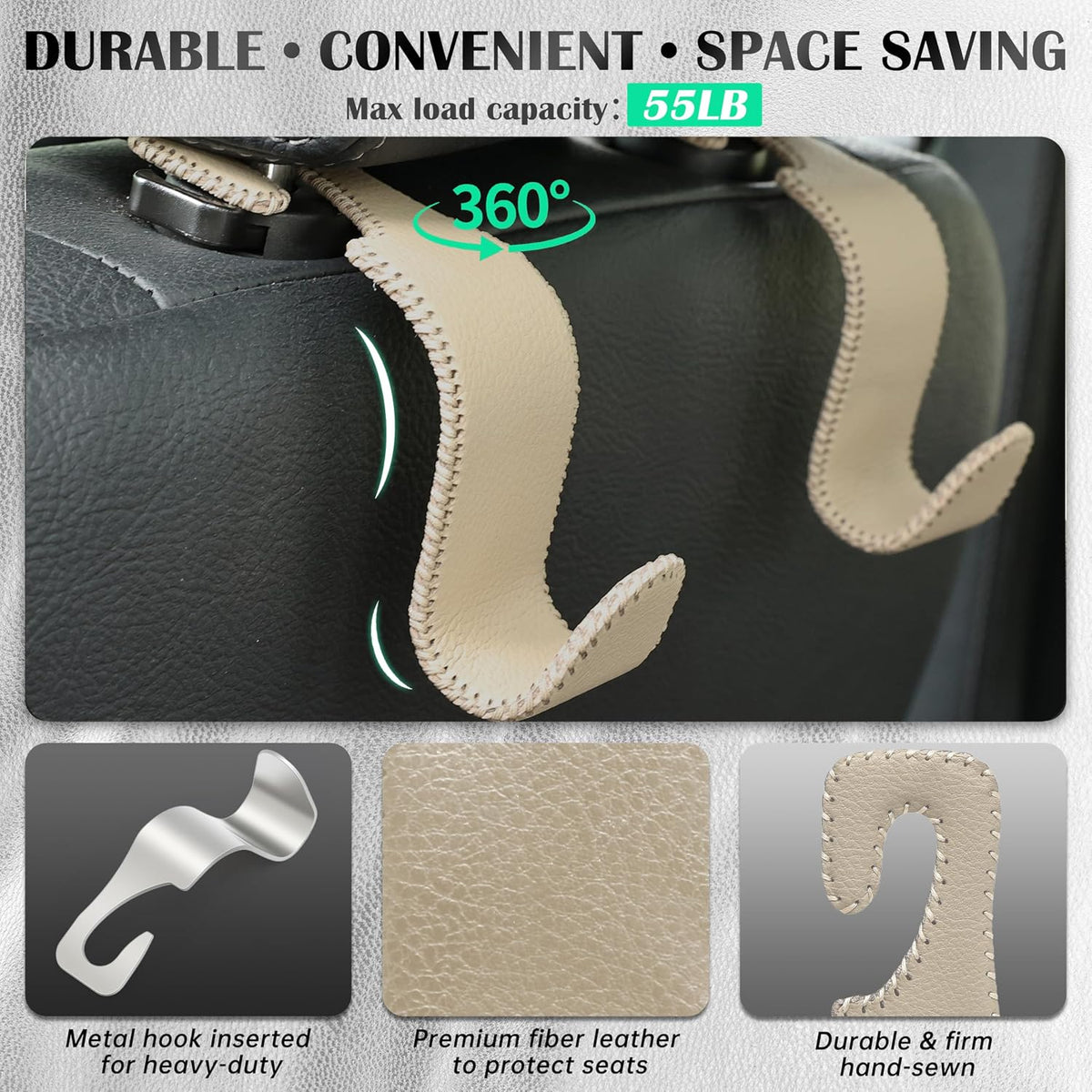 Car Seat Headrest Hook 55lb Heavy Duty Metal Hanger with Leather for Bags