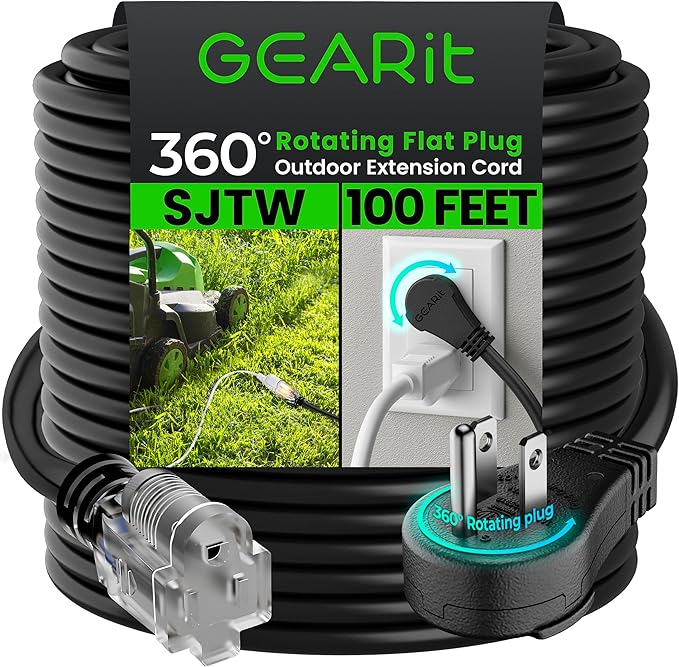 GEARit 100 Ft Extension Cords 16/3 Gauge 360° Rotating Plug Outdoor/Indoor SJTW 16 AWG 3 Prong Heavy Duty Power Cable 13A 125V 1625W for Lawn, Garden, Appliances Black