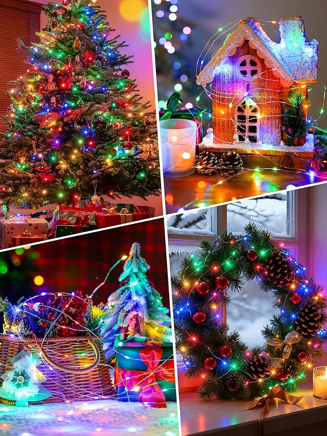 btfarm 4 Pack Fairy Lights Battery Operated with Timer, 16.4 FT 50 LED Silver Wire Twinkle String Lights 8 Modes Dimmable Waterproof for Indoor Christmas Bedroom Wedding Decorations, Multicolor