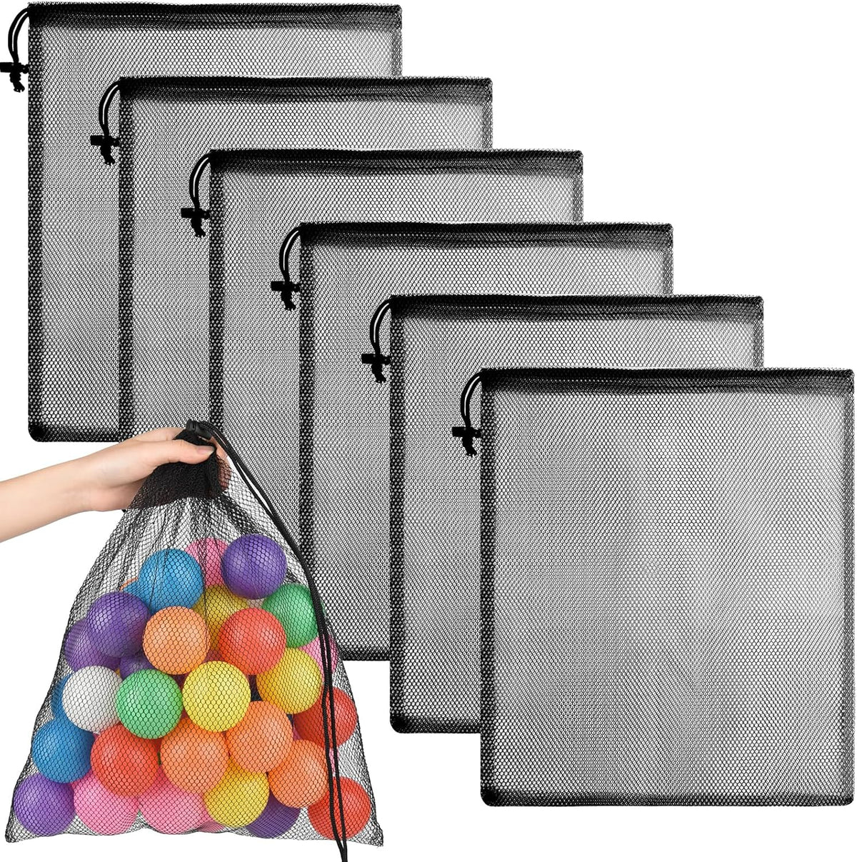 PLULON Mesh Laundry Bags - 6 Pcs Drawstring Nylon Bags for Pool, Beach, and Gym Storage | 18 x 12 Inch (Black)
