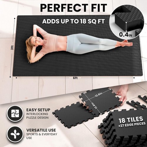 Bemaxx Gym Mats Set - 18 Pcs EVA Interlocking Foam Floor Tiles | 18 Sqft Protective Workout Flooring (12.6"x12.6"x0.4")