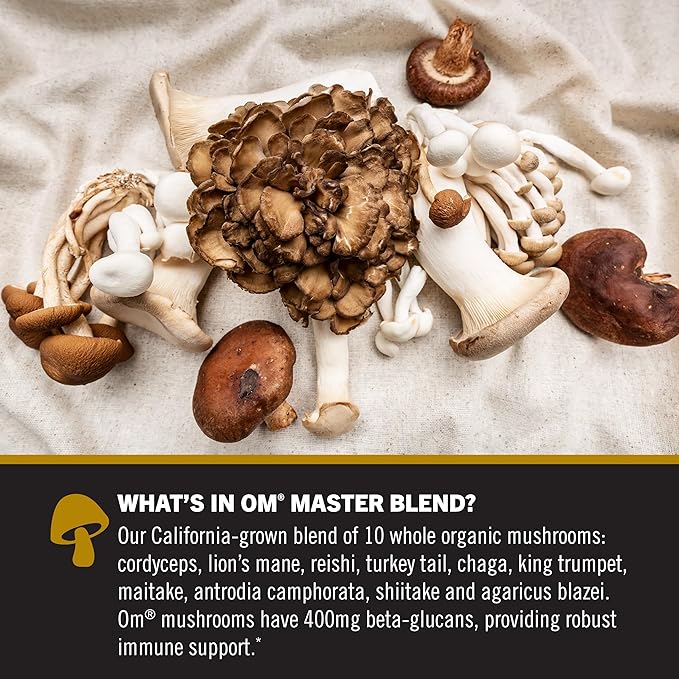 OM MUSHROOM SUPERFOOD Master Blend Mushrooms & Adaptogens Capsules, 84 Count, 28 Servings, 10 Mushroom Complex with Adaptogens for Immune and Stress Support