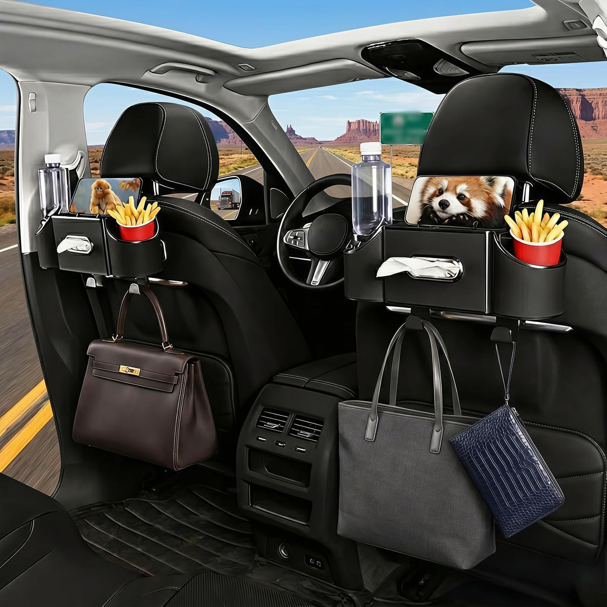 Back Seat Car Organizer, Nappa Leather Car Seat Organizer with Cup Holders and Tissue Box, Premium Hanging Storage Bag for SUV Truck Road Trip (Black)