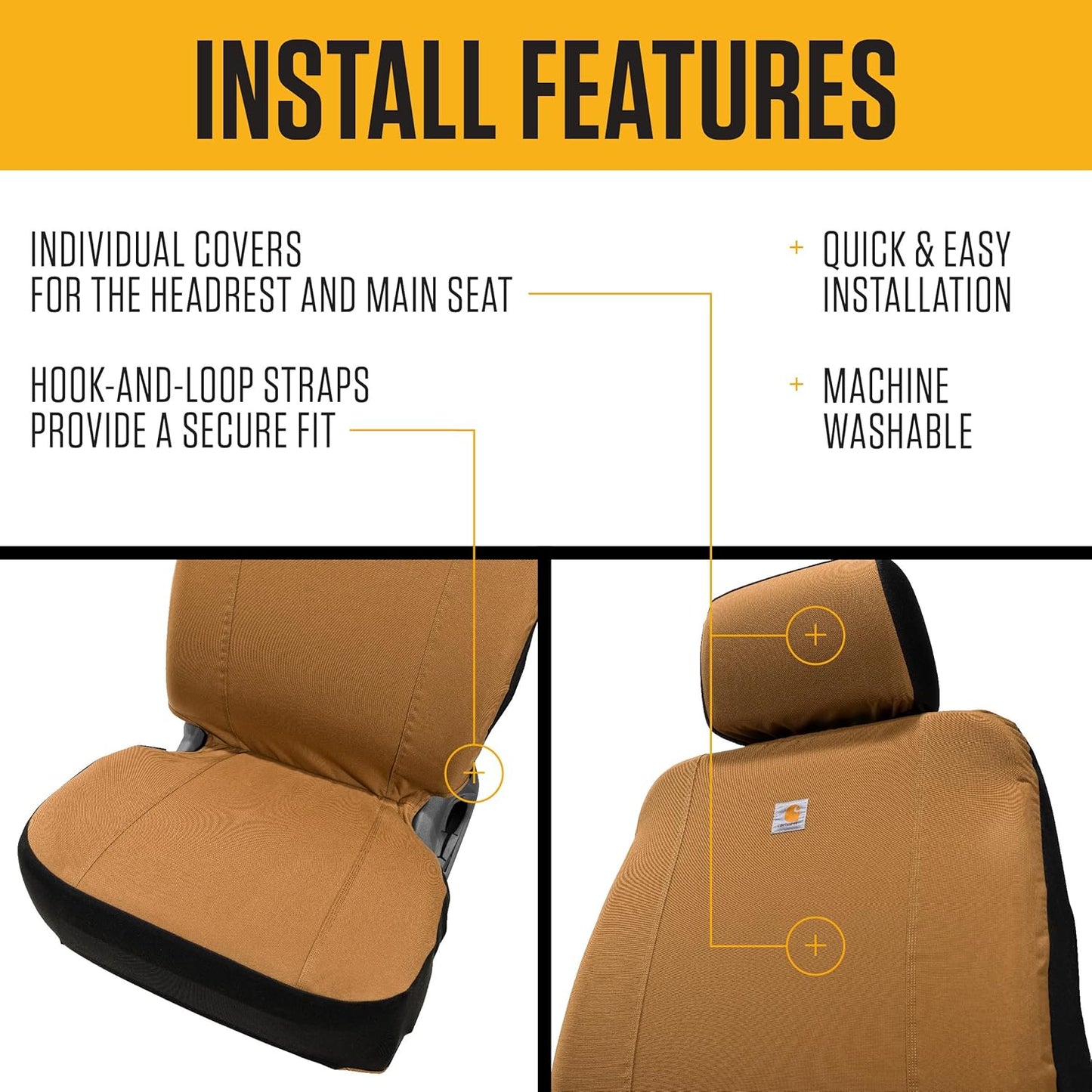 Carhartt Universal Nylon Duck Canvas Fitted Bucket Seat Cover, Durable Seat Protection with Rain Defender, Single, Black and Carhartt Brown