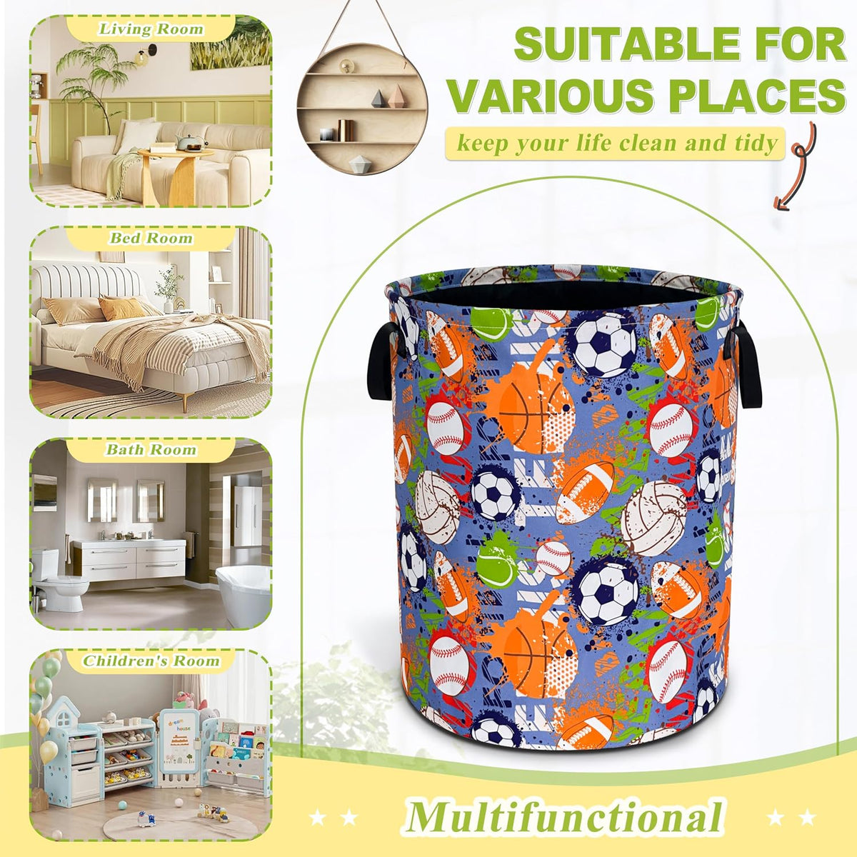 Funny Ball Sports Laundry Basket Foldable Waterproof Hamper 18.9x16.5 Inch