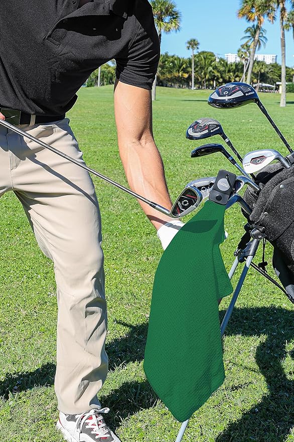 Magnetic Golf Towels for Golf Bags with Clip & Ultra Strong Magnet - Waffle Weave Microfiber Towel for Secure Hold on Bags & Carts - Ideal Club Cleaner & Accessories - Green