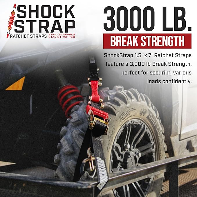 SHOCKSTRAP Ratchet Strap, 7’ x 1.5" Shock Absorbing Heavy Duty Tie Downs for Cargo, 1,000 LB WLL / 3,000 LB Break Strength, 2-Pack