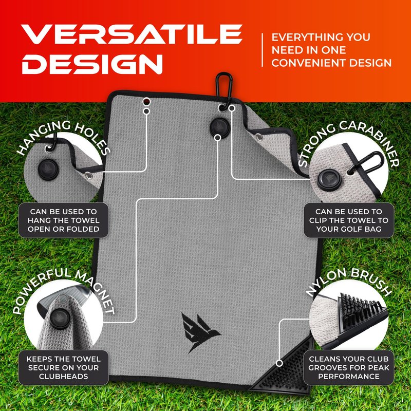 SWIFTEE Ultimate 4-in-1 Premium Golf Towel with Built-in Brush, Magnet, Ball Marker & Carabiner - 760GSM Microfibre Waffle Towel with Inner Wet Dry Liner (Grey)