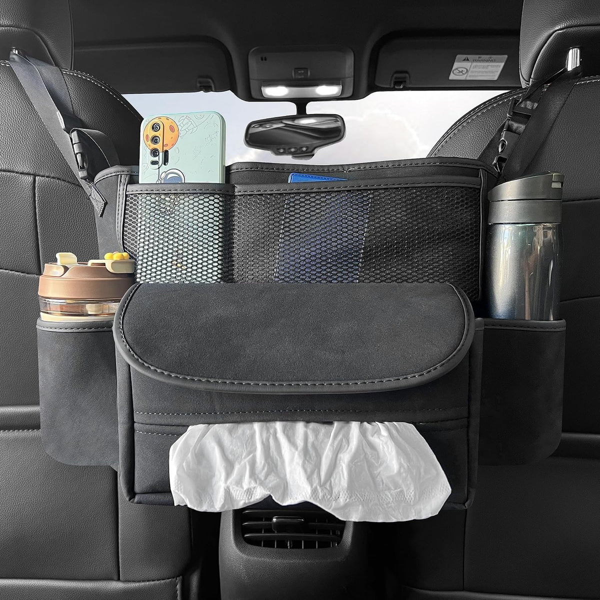 JEYODA Car Suede Seat Organizer High-capacity Seat Back Pouch Central Storage for Pickup SUVs Double-sided Tissue Storage Handbag Holder Car Accessories (Grey)