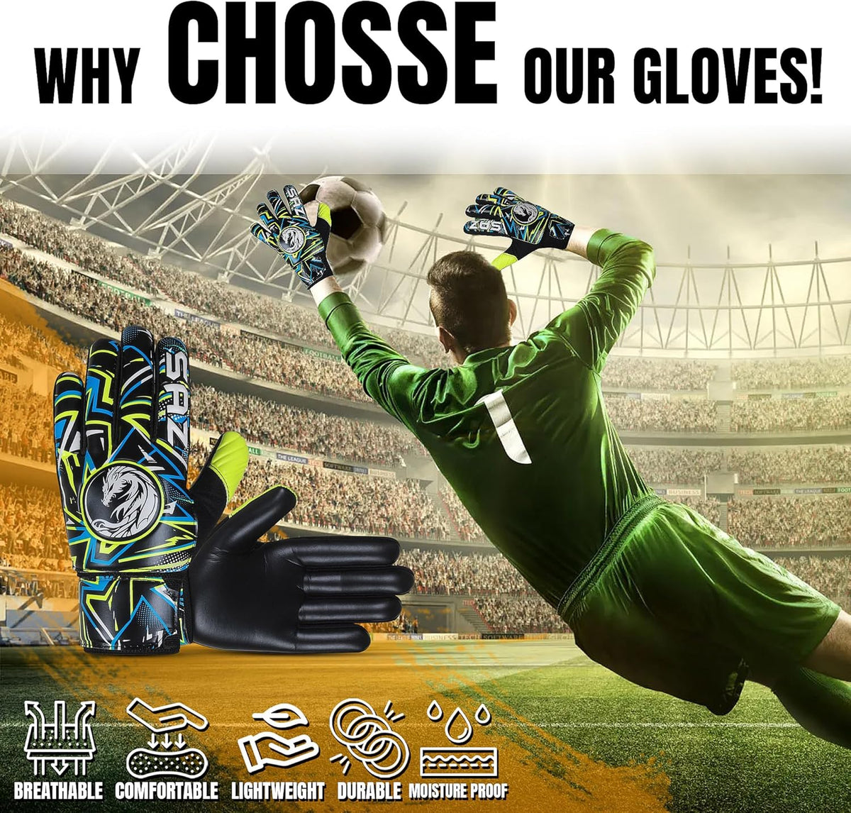 SAZ Soccer Goalie Gloves - Youth Football Goalkeeper Gloves with 4mm Latex Super Grip Palms
