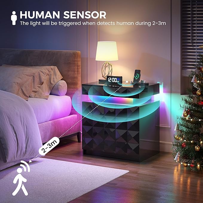 LED Nightstand with Charging Station,3 Drawers Night Stand with Lockable Hidden Storage,Smart Bedside Table with Human Sensor RGB Lights for Bedroom,Black