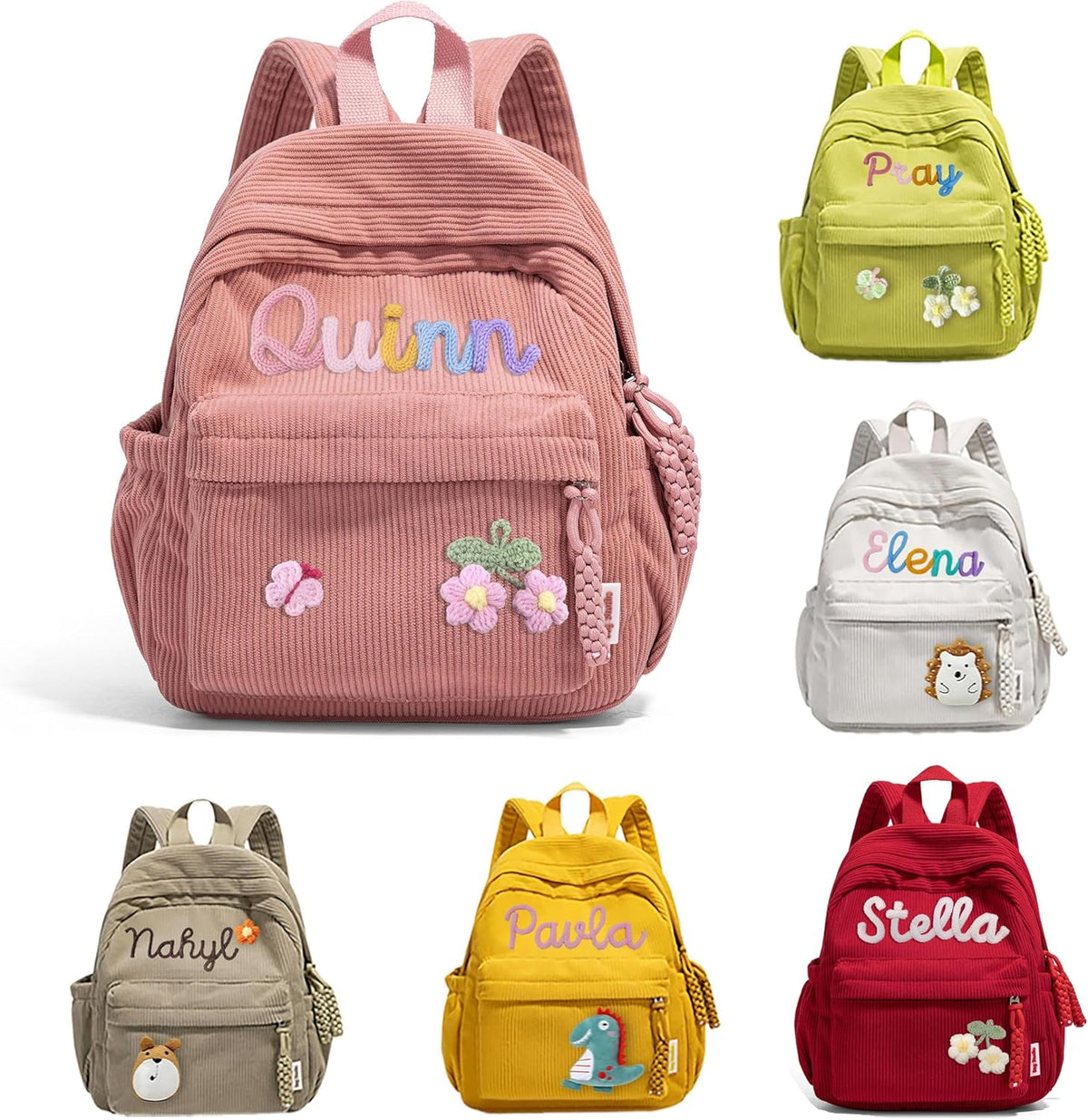 WANSHUNLMI Personalized Corduroy Kids Backpack - Custom Name School Bag in Pink | Toddler Size S & M