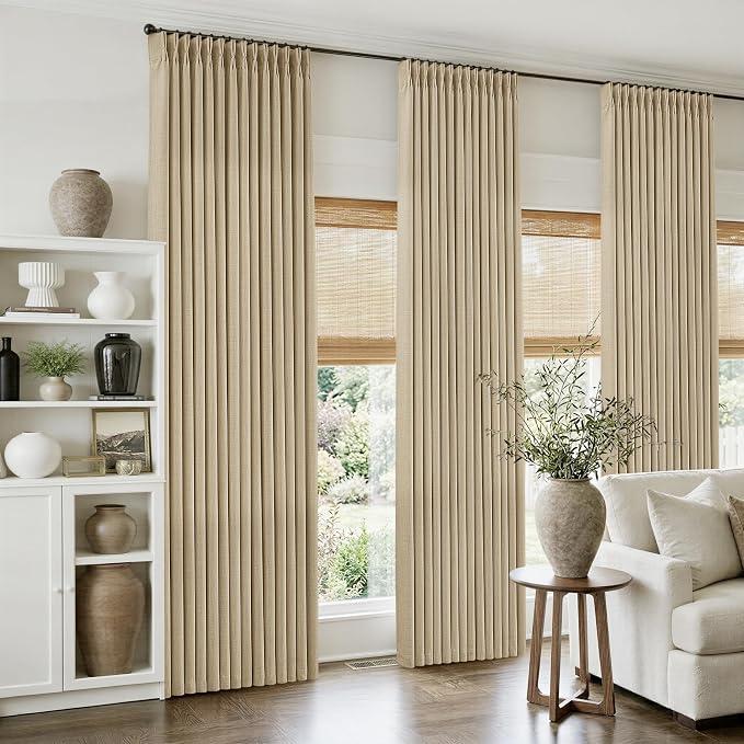 Tan Beige Pinch Pleated Linen Curtains 84 Inches Long