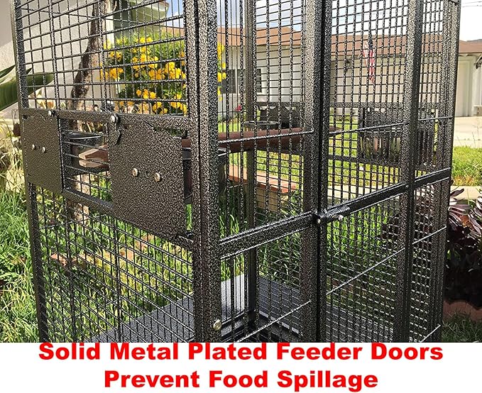 Extra Large Wrought Iron Open/Close Dome Perch Stand Play Top Bird Parrot Rolling Cage Solid Metal Plated Feeder Door Prevent Food Spillage Side Breeding Doors Around Metal Seed Guard