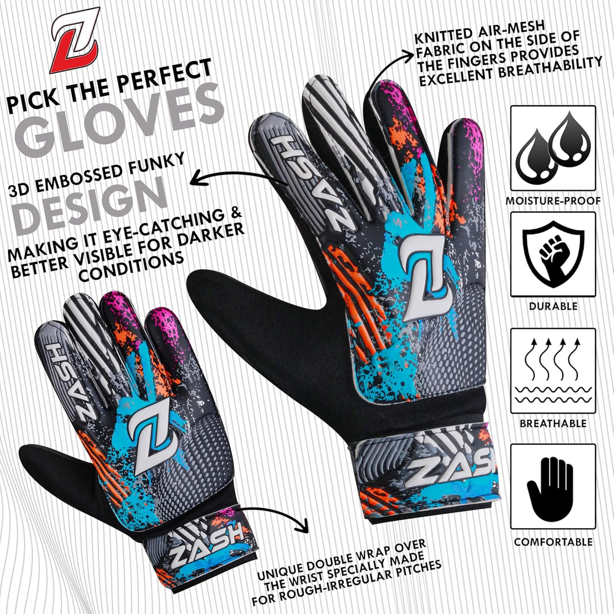ZASH Soccer Goalie Gloves - Double Wrist Protection & Strong Grip Palm for Kids, Youth & Adults