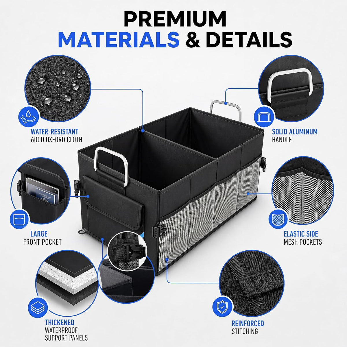 Car Trunk Organizer, Portable, Collapsible, Waterproof, Oxford Cloth, Aluminum Handle, Ideal for SUVs, Cars, Camping, Storage