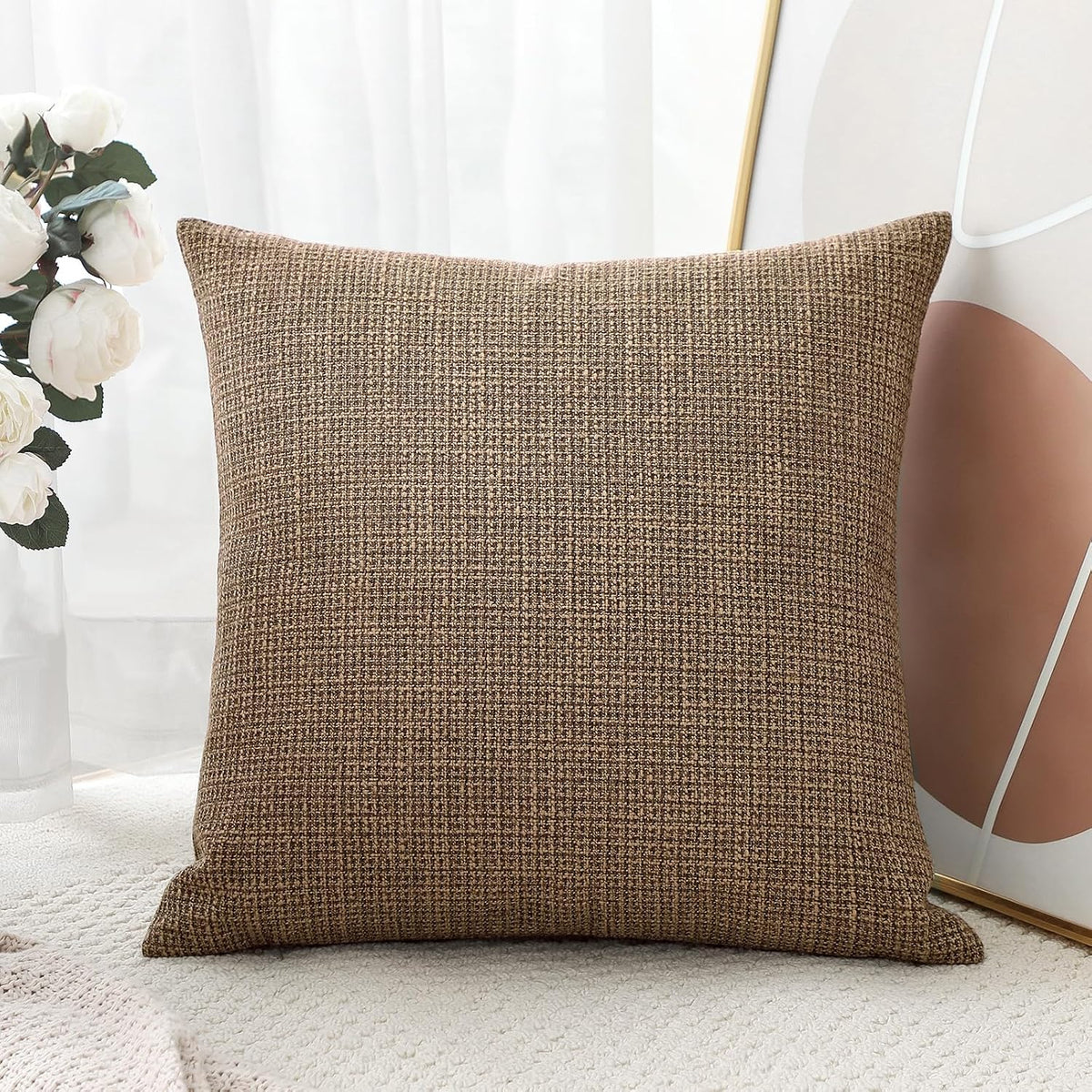 OTOSTAR Linen Throw Pillow Cover Set of 1 Decorative Square Pillowcases Cushion Covers 24x24 Inch for Home Decor Sofa Bedroom Car 60 x 60CM Brown