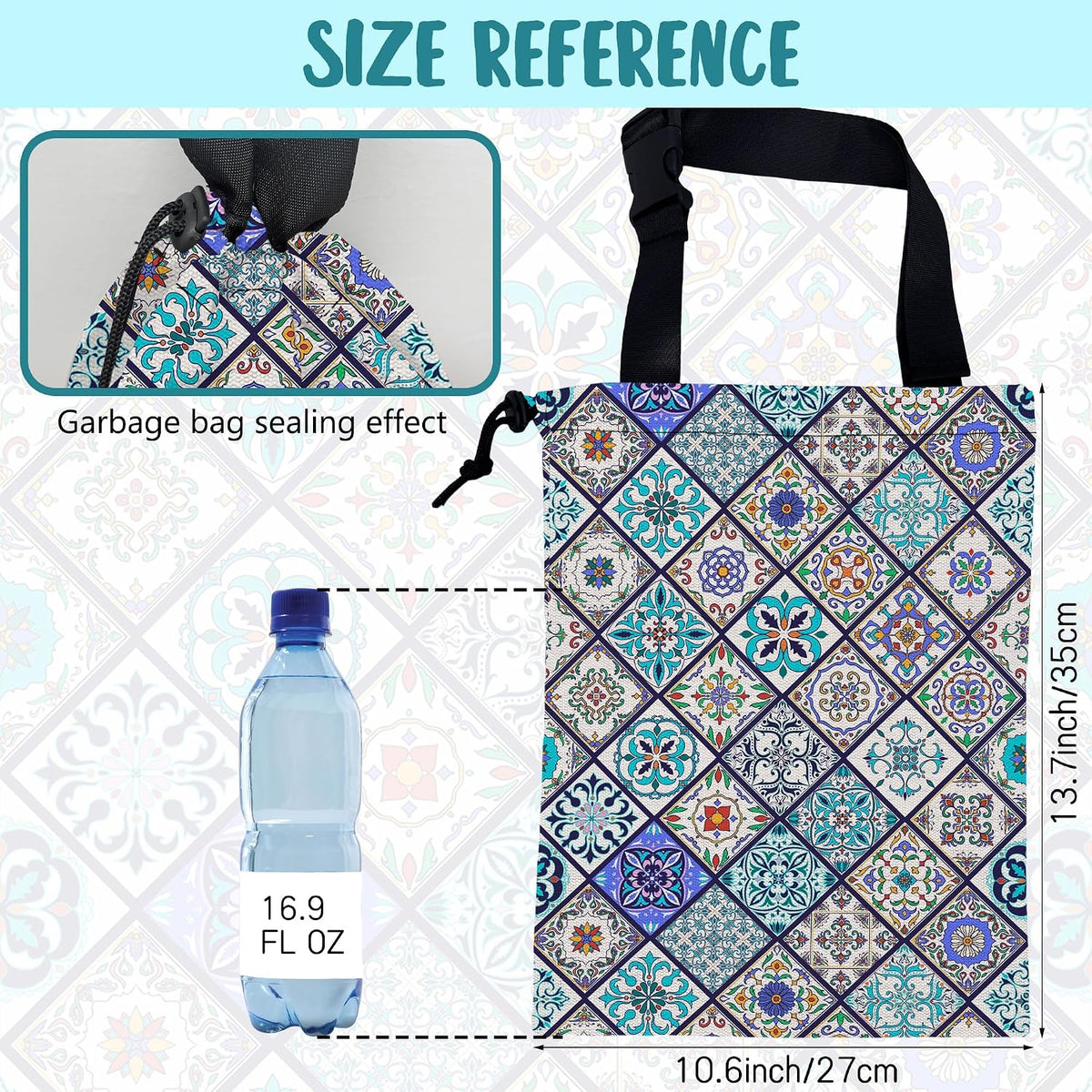 Car Garbage Bag Abstract Portuguese Tiles Drawstring Car Trash Bag Hanging for Back Seat with Adjustable Buckle Canvas Vehicle Trash Can Easy-to-Install