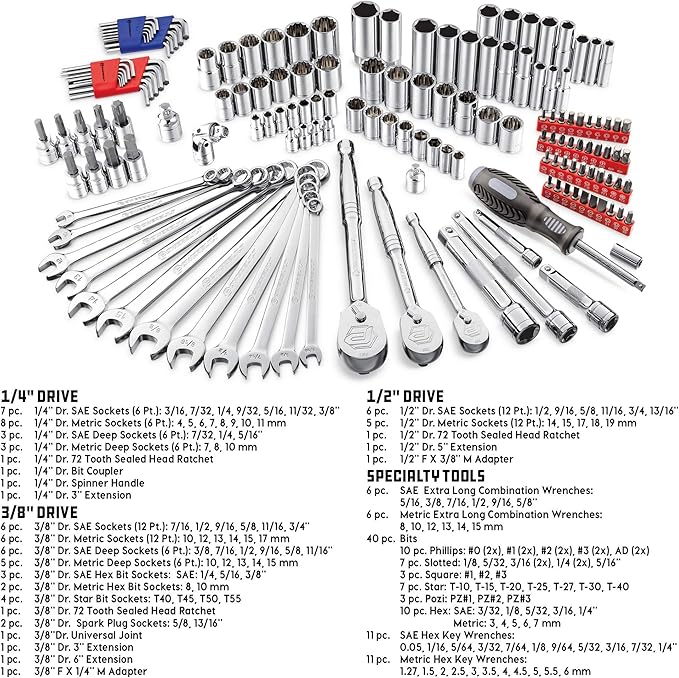 Powerbuilt 642453 152 Piece 1/4-inch, 3/8-inch, and 1/2-inch Drive Mechanics Tool- with SAE and Metric Socket Set, 72 Tooth Seal-Head Ratchet, Automotive Tool Kit, including Case