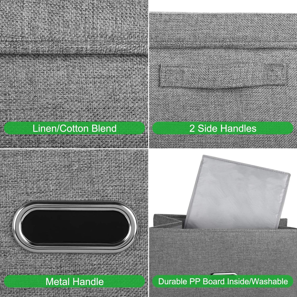 Large Linen Collapsible Storage Bins with Removable Lids and Handles, Washable Storage Box Containers Baskets Cube with Cover for Bedroom,Closet,Office,Living Room,Nursery (Grey, Large)