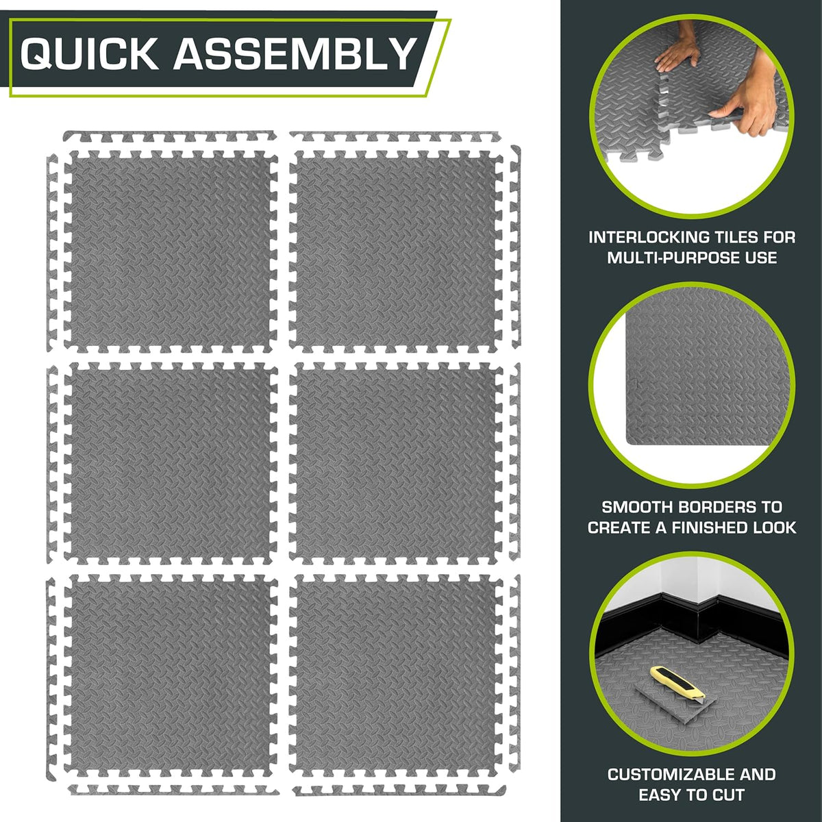 ProsourceFit Puzzle Exercise Mat - EVA Interlocking Foam Tiles for Home Gym | Grey, 24" x 24" - 6 Tiles