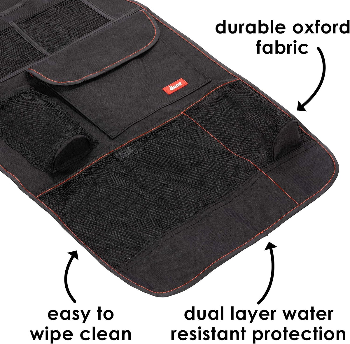 Diono Stow 'n Go Car Back Seat Organizer for Kids, Kick Mat Back Seat Protector, with 7 Storage Pockets, 2 Drinks Holders, Water Resistant, Durable Material, Black , 18x10x9 Inch (Pack of 1)