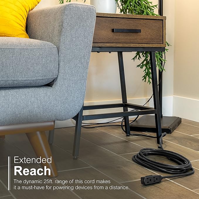 GE 3-Outlet Flat Extension Cord 25 Ft Grounded Extension Cord with Multiple Outlets 3 Prong Outlet Extender Flat Plug Power Strip Indoor Extension Cord 16 Gauge UL Listed Black 69921