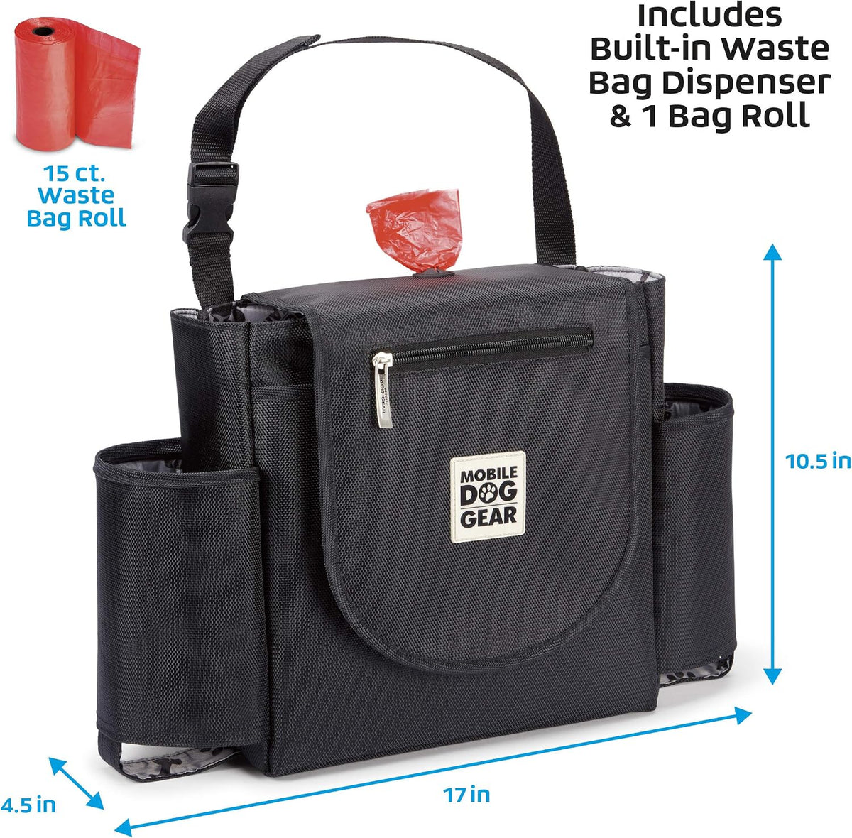 Mobile Dog Gear, Car Seat Back Organizer Travel Bag, Includes Built-in Waste Bag Dispenser and 1 Bag Roll, Black, Meets Airline Requirements