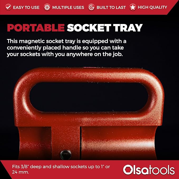 Olsa Tools Magnetic Portable Socket Organizer Tray - 3/8-Inch Drive - Red Holder for Deep & Shallow Sockets - Fits up to 1" SAE or 24mm Metric - Quality Tool Organizer for Professionals - Part 1076