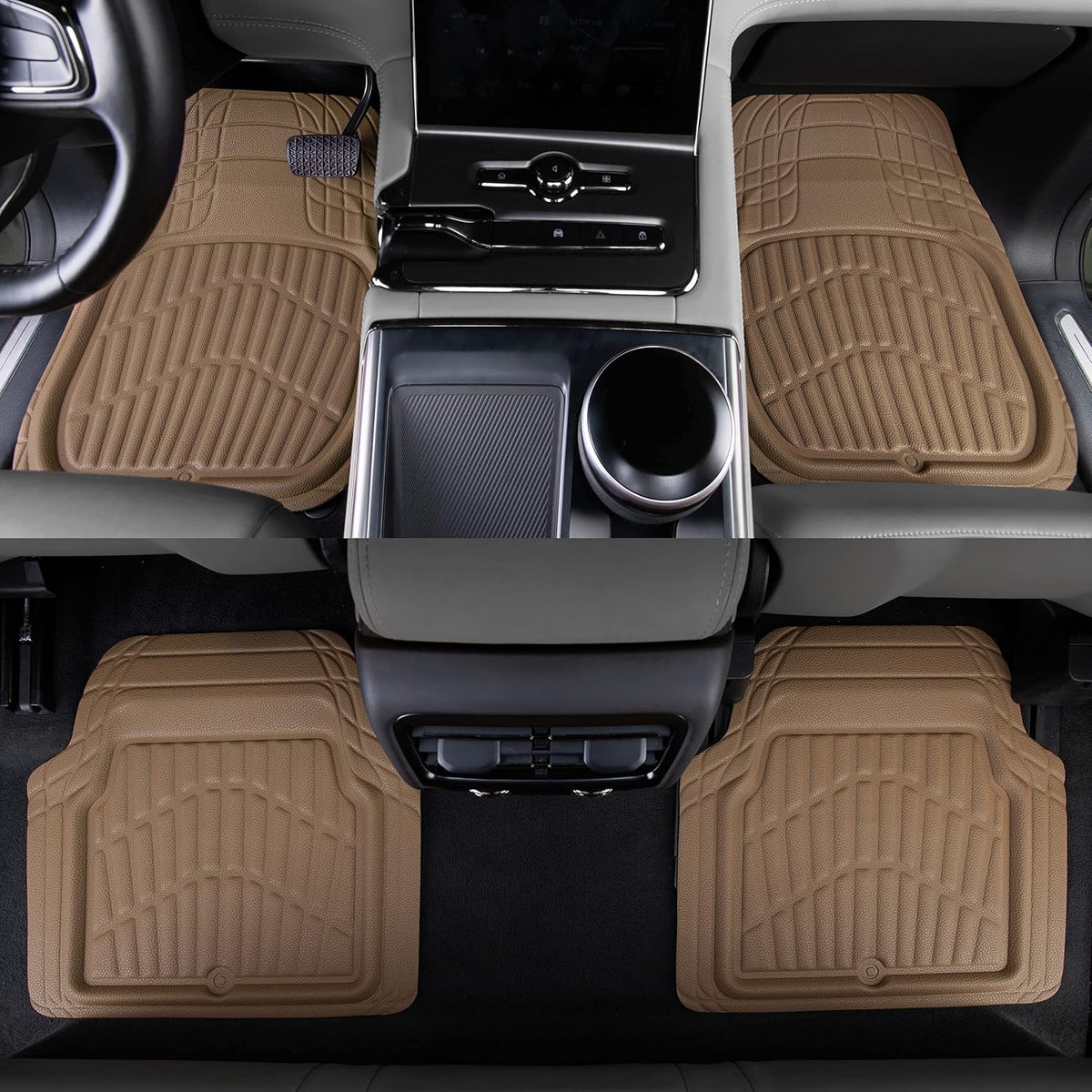 CASS Pass 4 Piece Leather Car Floor Mats -3D Waterproof All Weather, Universal Trim to Fit & Anti-Slip Burr Bottom Safety & Light Easy Clean Install for SUV Truck Auto Sedan Van (Beige)