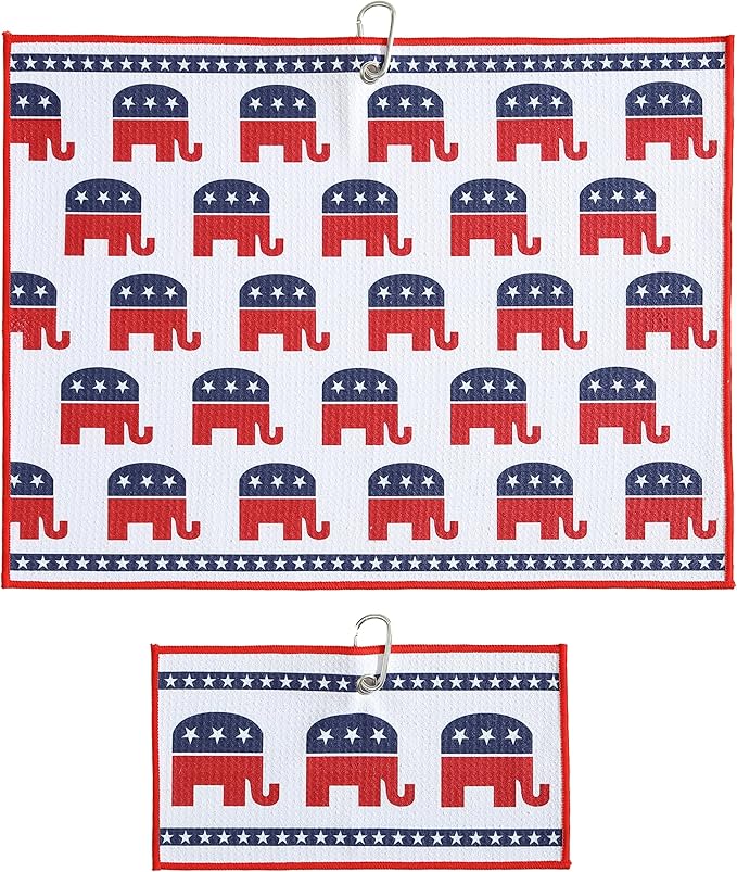 Microfiber Golf Towels for Golf Bags & Carts - Premium Weave Waffle & Ball Towels with Carabiner Clip, Essential Accessories for Men, Women and Kids, Golfer Gifts, Set of 2 (Elephant)