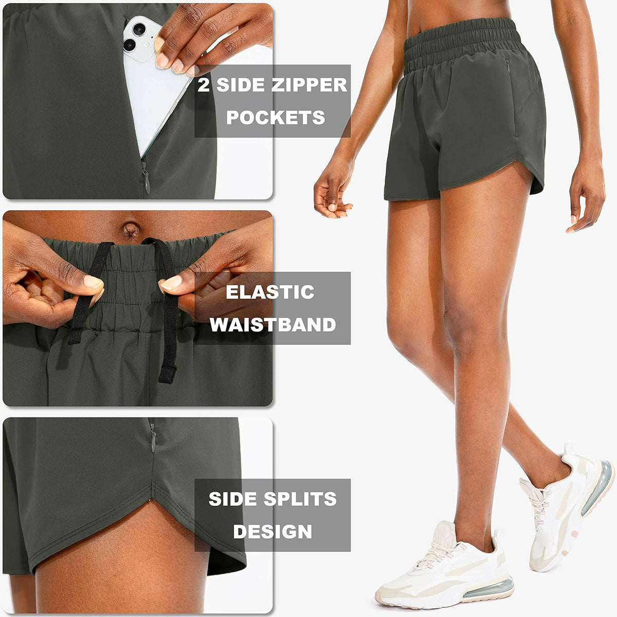 SANTINY Women's High Waisted Running Shorts - Athletic Gym Shorts with Zip Pockets & Liner