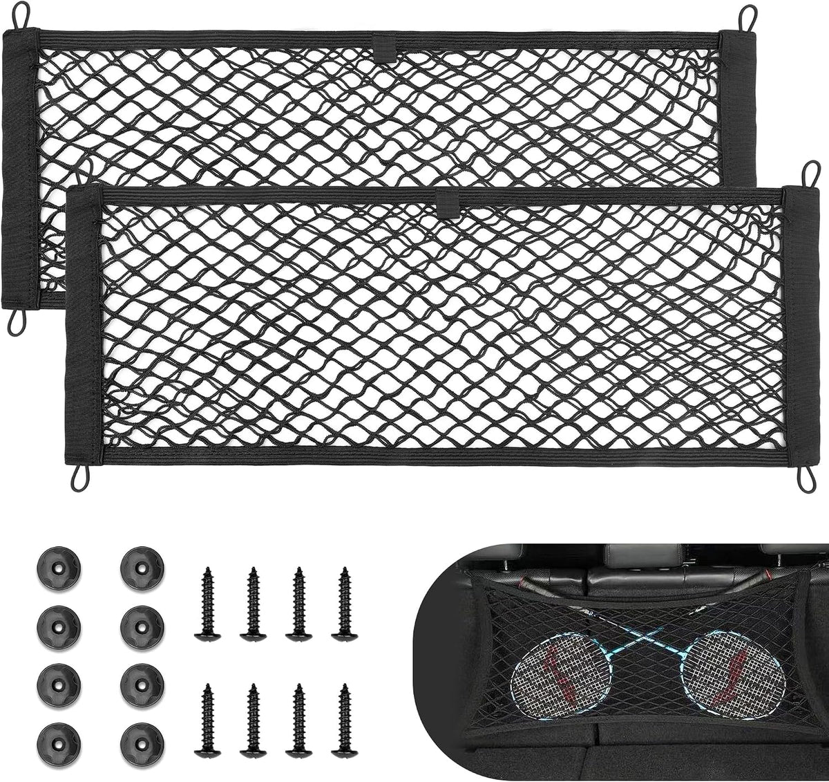 RED WOLF 2 Pcs Universal Cargo Net Pocket Elastic Mesh Netting Car Mesh Pouch for Trunk RV Boats Home Cargo Storage Mesh with Screws and Hooks (25.6'' x 9.8'')